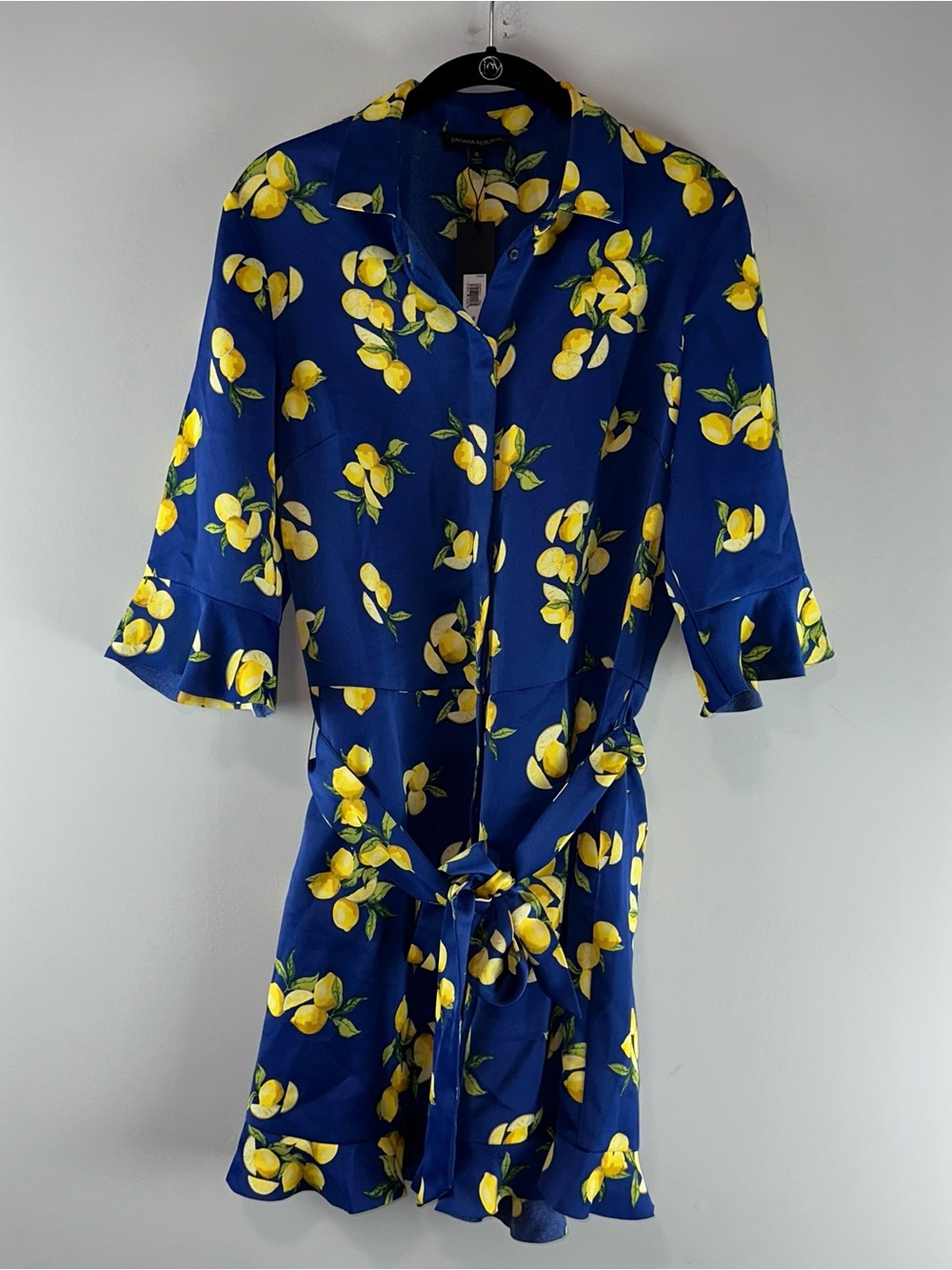Banana Republic Lemon Print Ruffle Hem Belted Romper in Blue Size 8